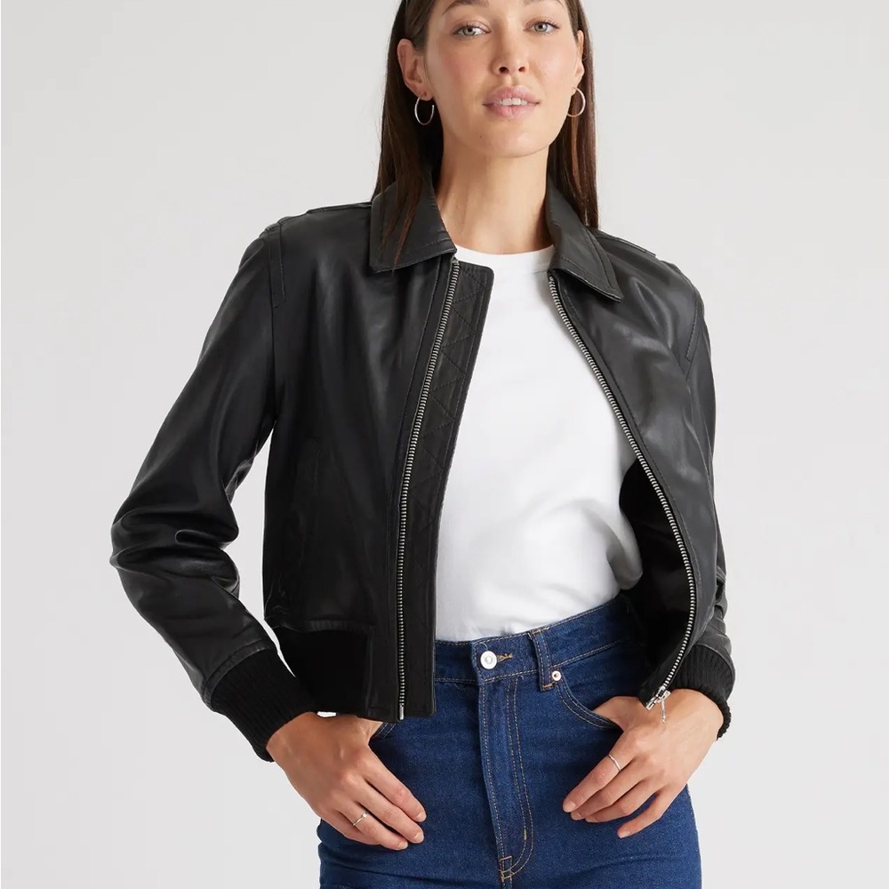 Quince 100% Washed Black Leather Bomber Women's Jacket